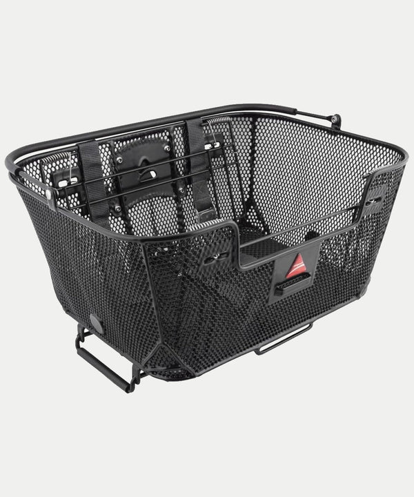 Black mesh bike basket on a white background