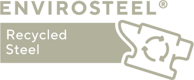 Envirosteel logo with recycled steel text and recycling symbol on a white background
