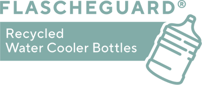 Logo of FLASCHEGUARD with a recycled water cooler bottle illustration on a light blue background