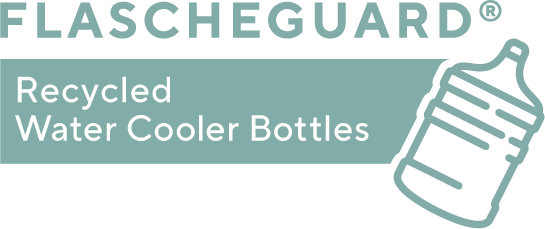Logo of FLASCHEGUARD with a recycled water cooler bottle illustration on a light blue background